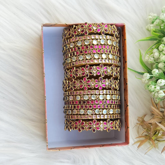 Pink white Kundan semi Bridal bangle set - 8+8 bangles