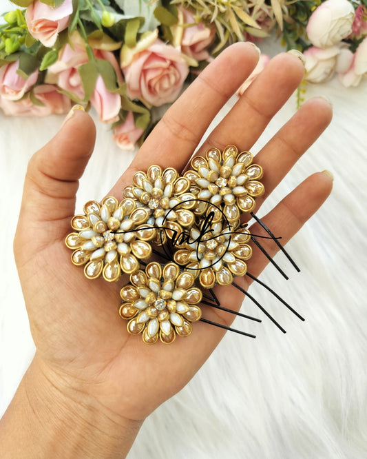 White Kundan Flower Braid Hair Brooch -set of 5 pieces