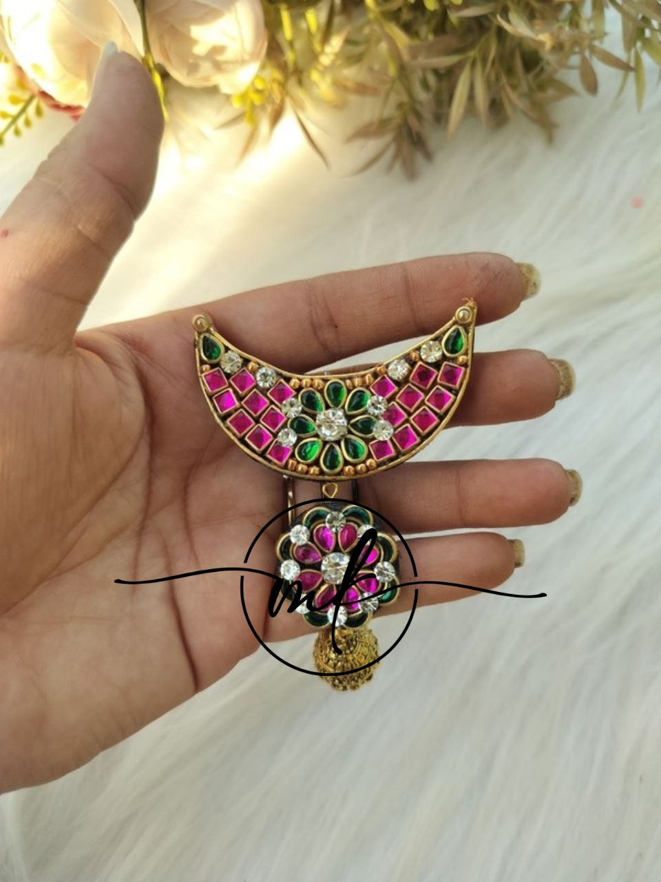 Green pink ChandraLaya Hair Brooch