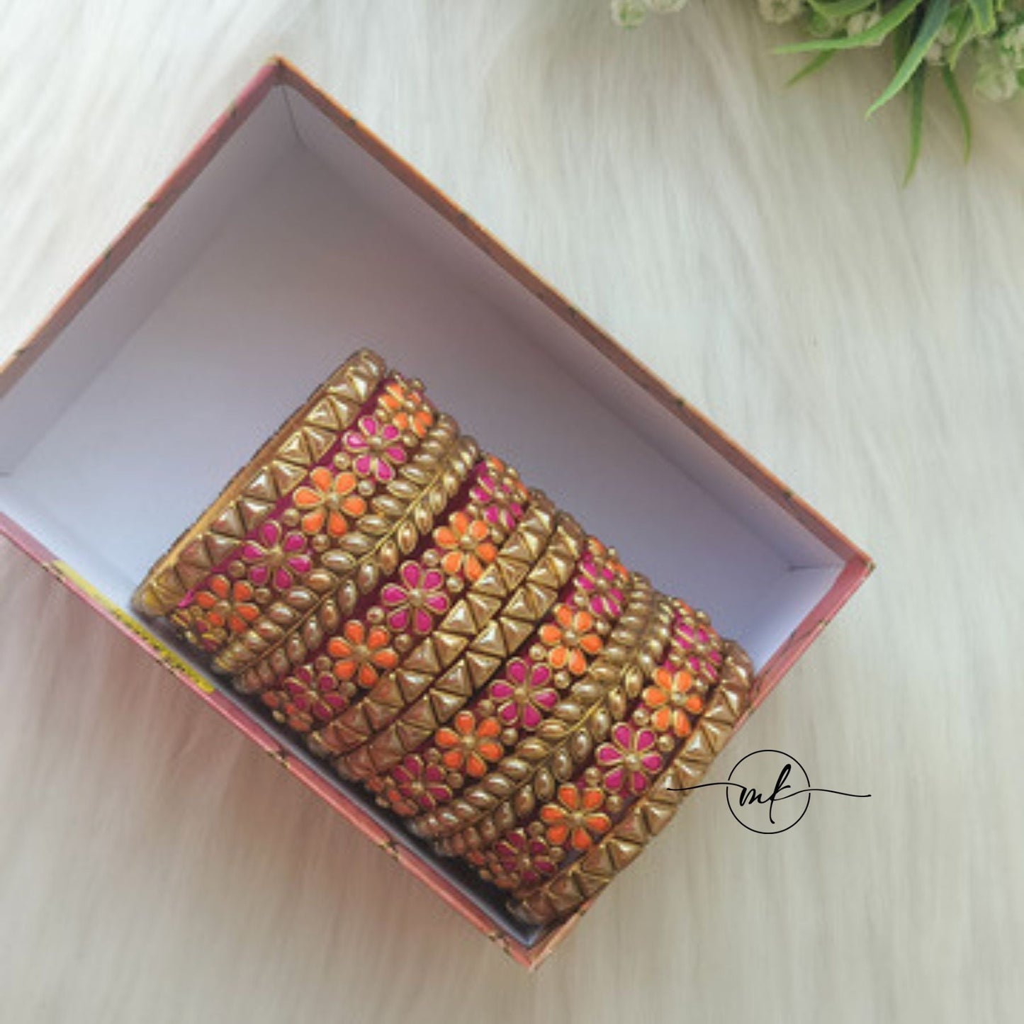 Orange pink Kundan semi Bridal bangle set - 5+5 bangles