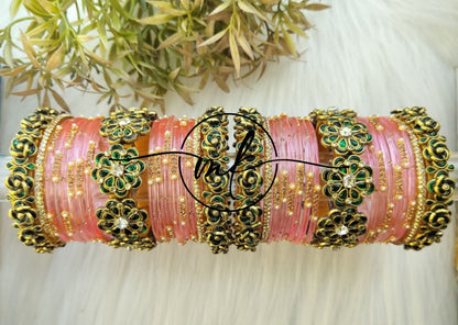 ROMI Light Pink Green Bridal kundan Bangle set