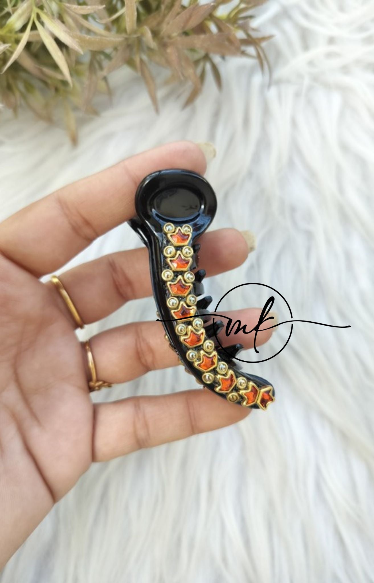 Orange Kundan Banana Clip - V type