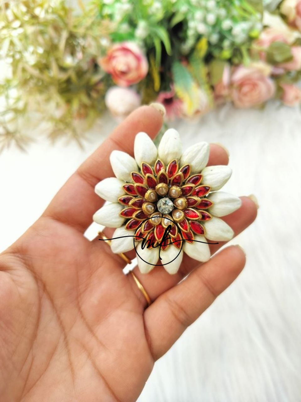 Mootu Malli + RED Kundan flower ARFL Hair Brooch/ Hair ties - 1 piece
